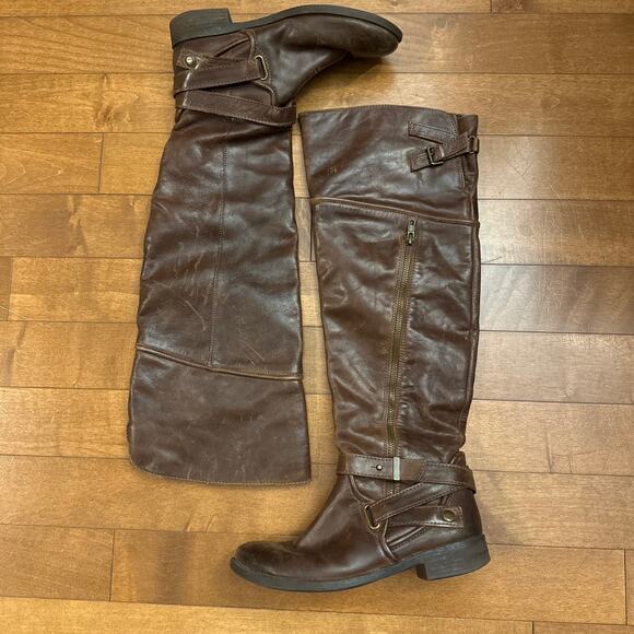 LUXURY REBEL Brown Distressed Leather Over Knee Harness Zip Boots size 7.5 - Picture 3 of 12